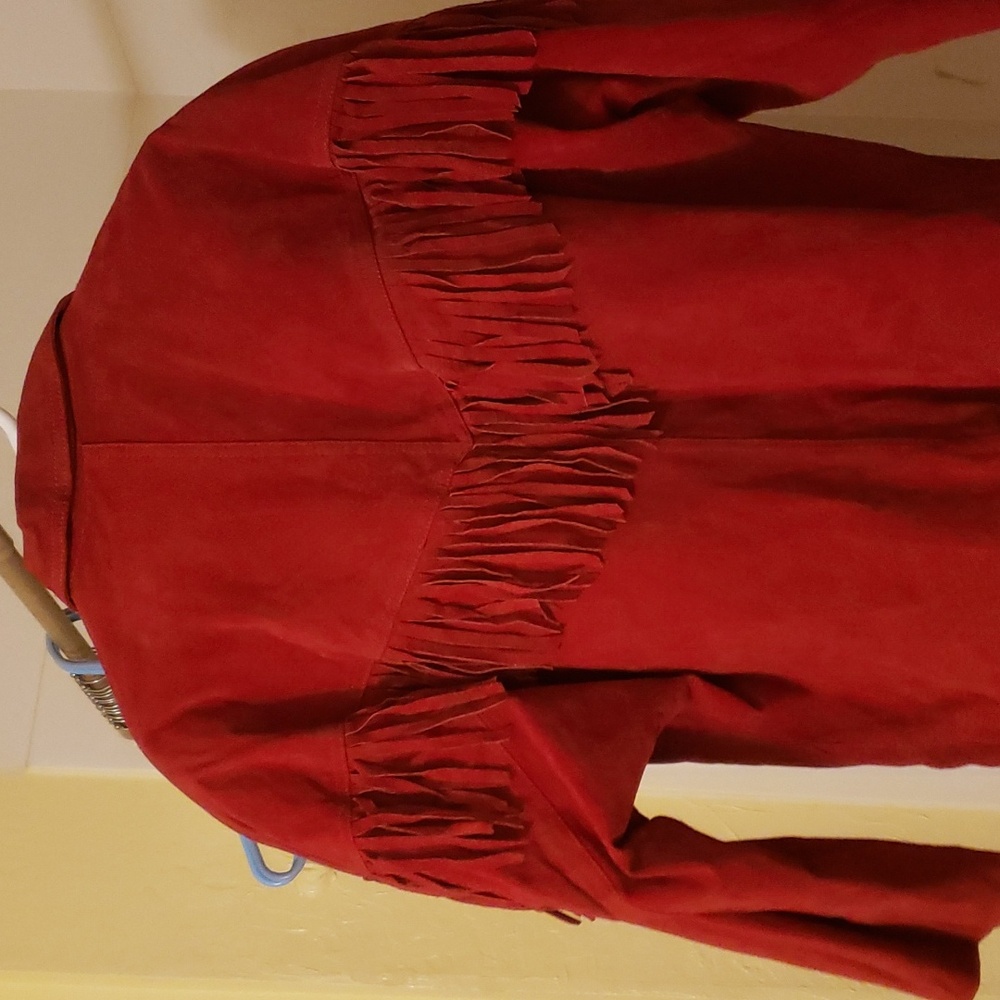 Vintage Avon Fashions Red Fringed Suede 80s 90s Leather Collar Jacket ❤ - Picture 6 of 14